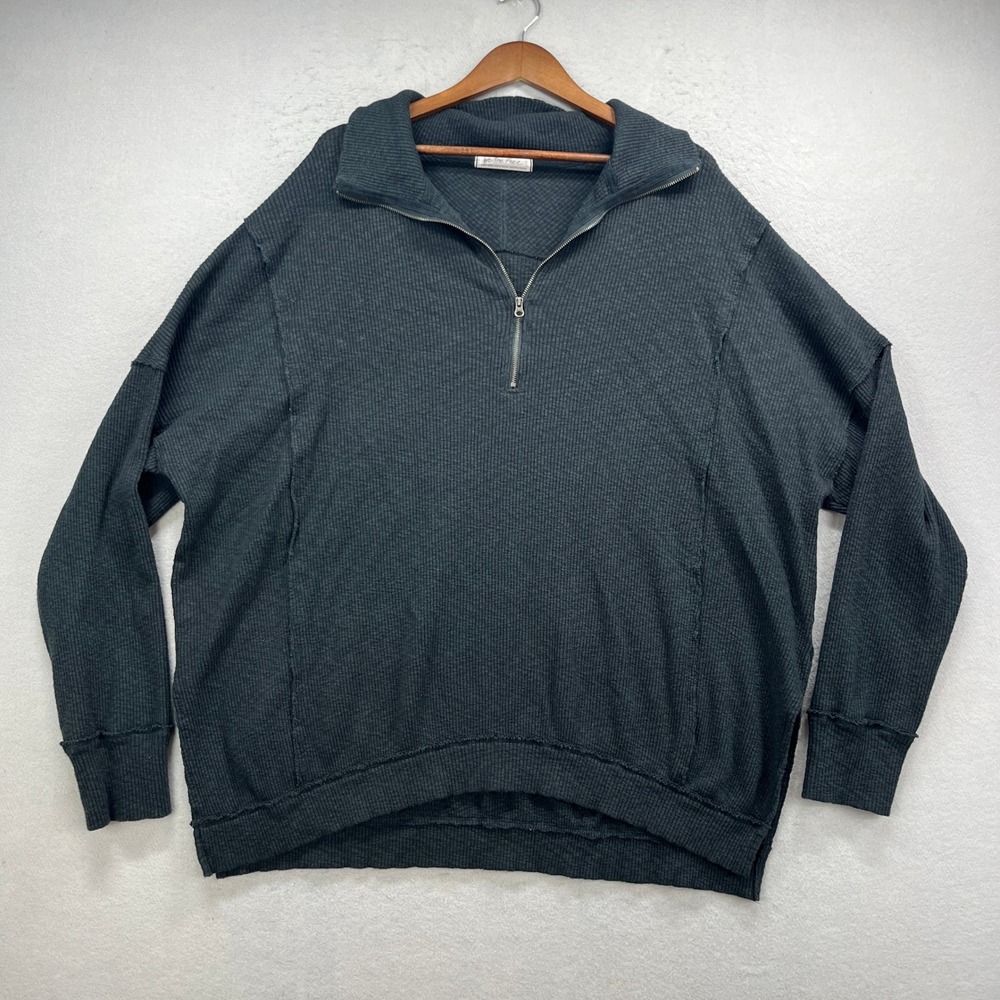 We The Free People Pullover Womens XL Black Quarter Zip Thermal Waffle Knit
